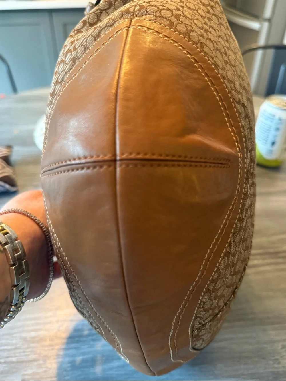 Coach Brown Signature Canvas Shoulder Bag with Tan Leather Trim